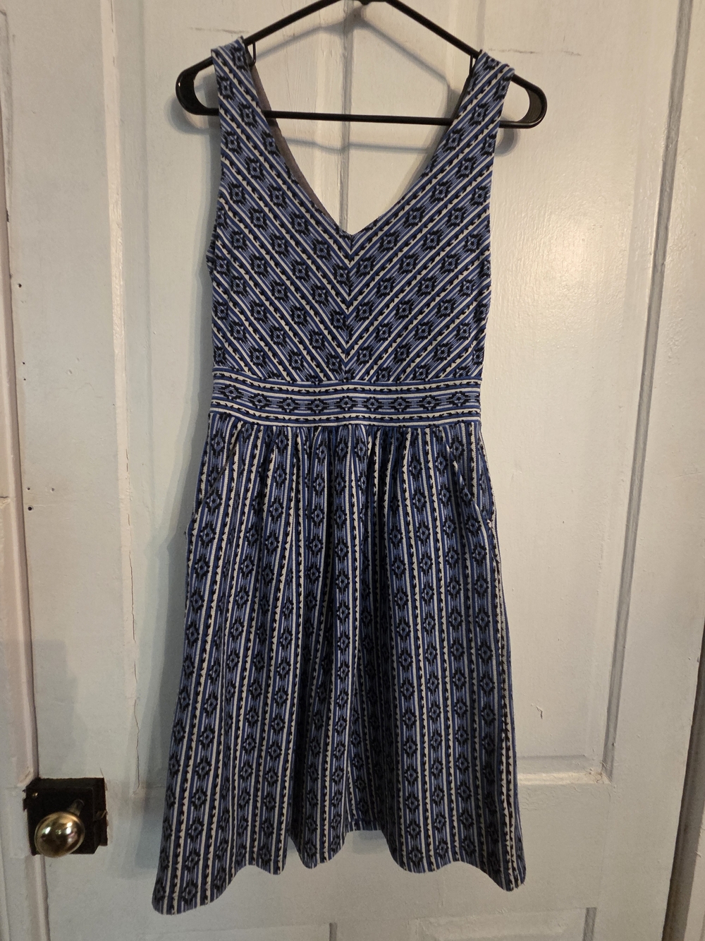 Maeve Navy and Light Blue Knit V-Neck Midi Dress